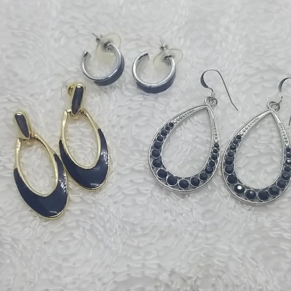 Hoop Earrings 3 Pairs Black Hoop Silver Gold Crystal Earrings